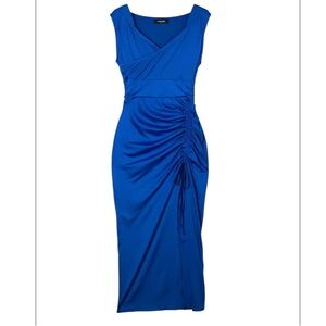 ChicMe Size Medium Blue Ruched Thigh Slit V Neck Sleeveless Maxi Length Dress